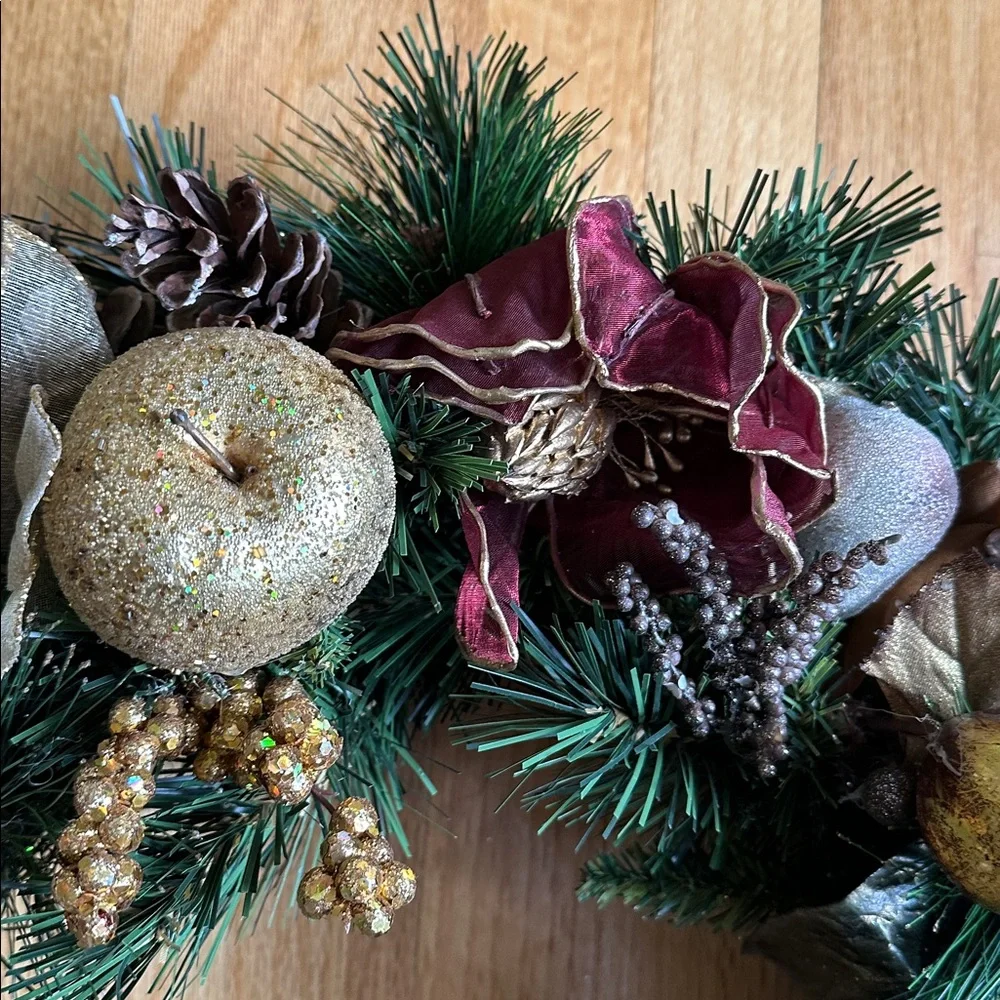 Handcrafted Gold and Wine Red Holiday Wreath